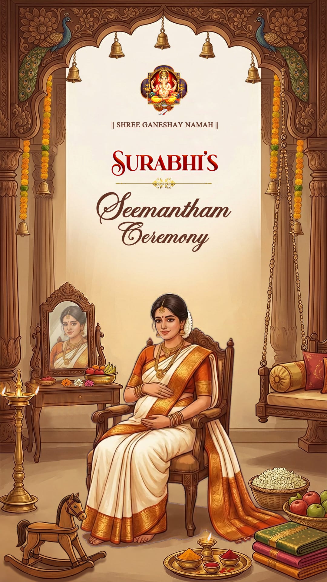 South Indian Couple Seemantham Ceremony Invitation Video with Hanging Brass Bells and Graceful Maternity Illustration