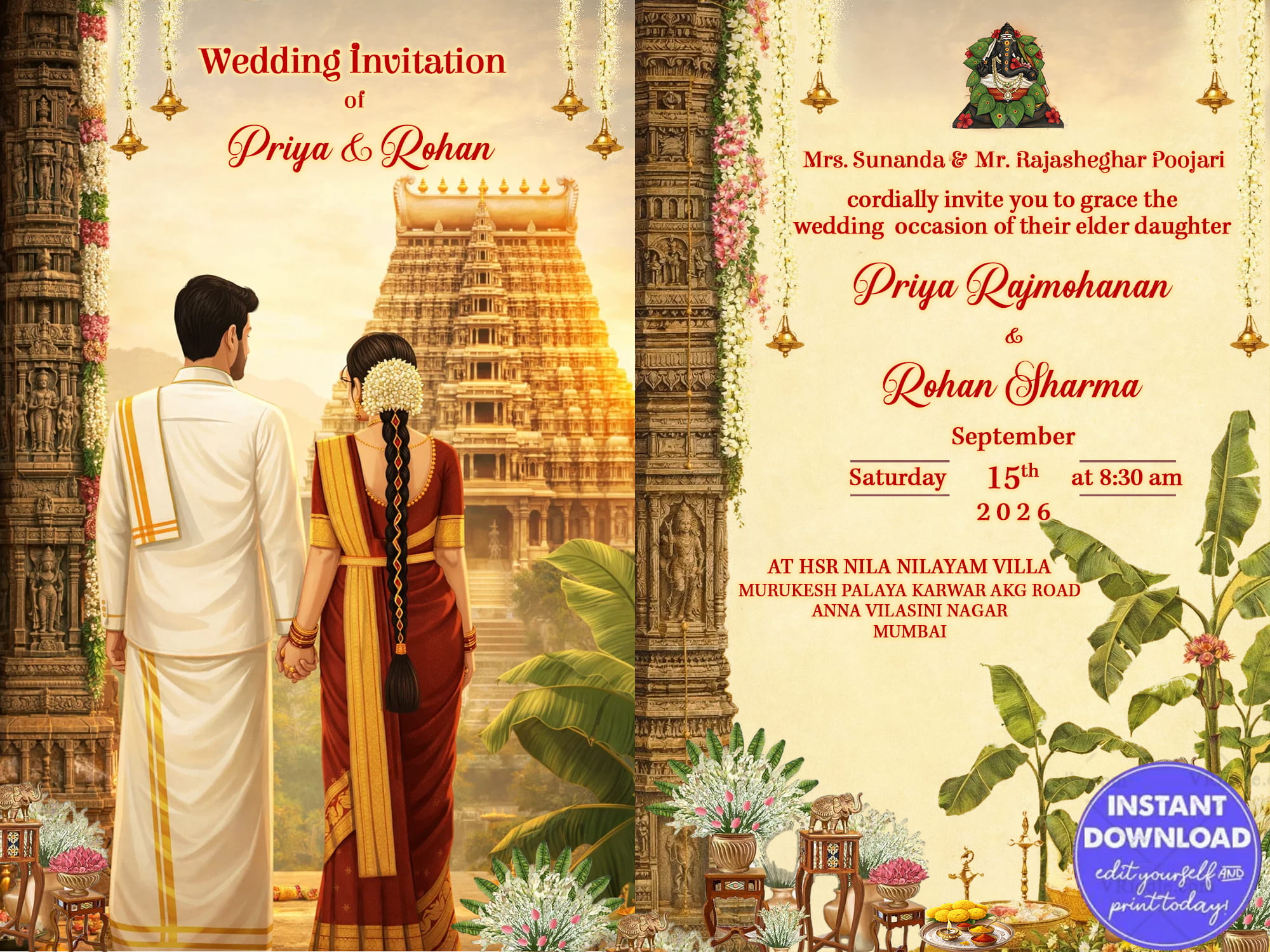 South Indian Wedding Invitation with Majestic Gopuram Backdrop, Traditional Bridal Attire & Ornate Floral Mandap Accents