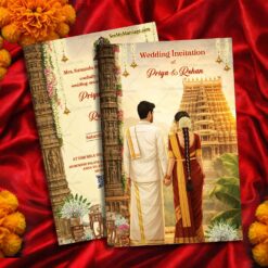 South Indian Wedding Invitation with Majestic Gopuram Backdrop, Traditional Bridal Attire & Ornate Floral Mandap Accents