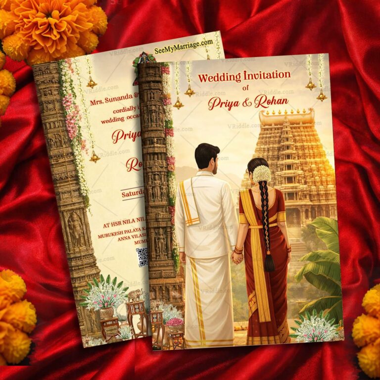 South Indian Wedding Invitation with Majestic Gopuram Backdrop, Traditional Bridal Attire & Ornate Floral Mandap Accents