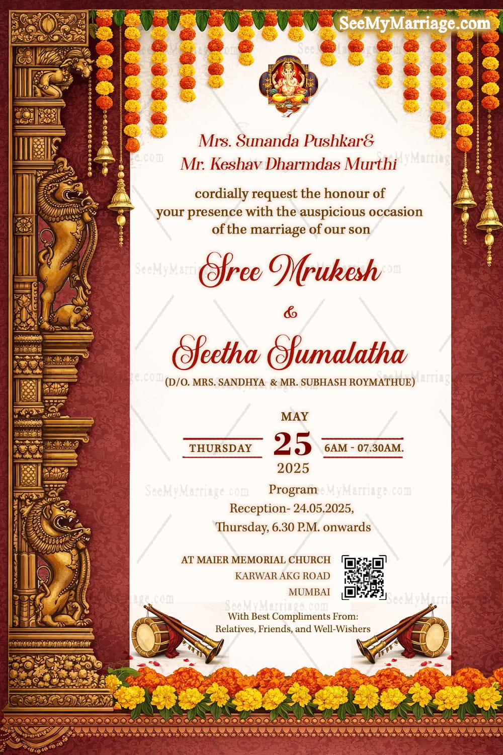 South Indian Wedding Invitation with Ornate Temple Pillars, Marigold Toran & Classic Red-Gold Elegance