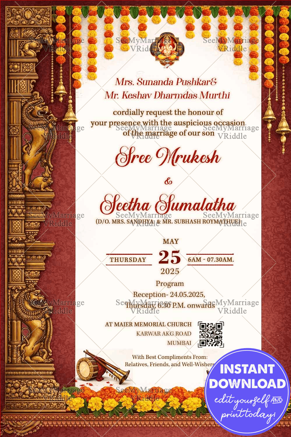 South Indian Wedding Invitation with Ornate Temple Pillars, Marigold Toran & Classic Red-Gold Elegance