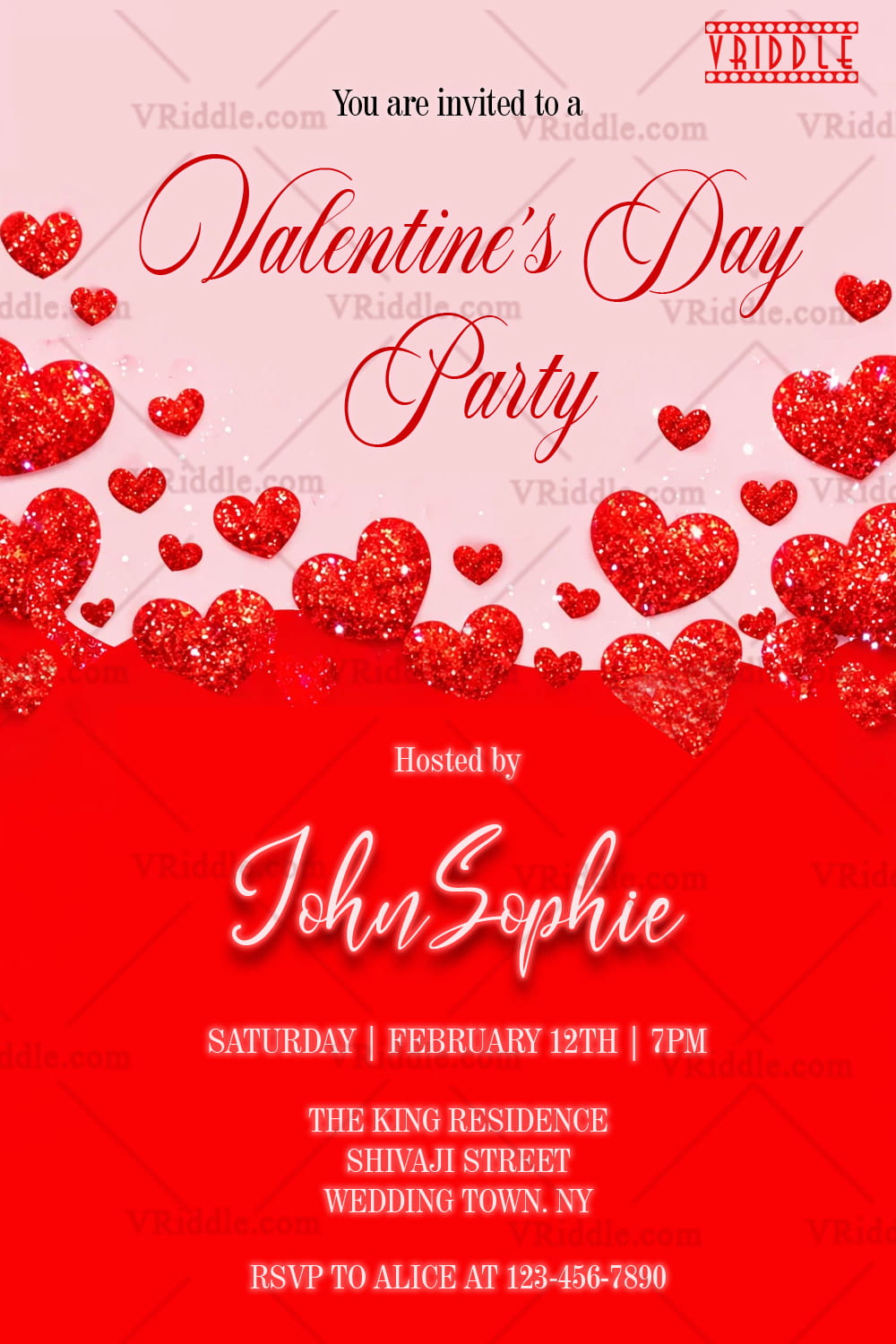 Sparkling Red Hearts Valentine’s Day Party Invitation with Romantic Script & Glitter Accents
