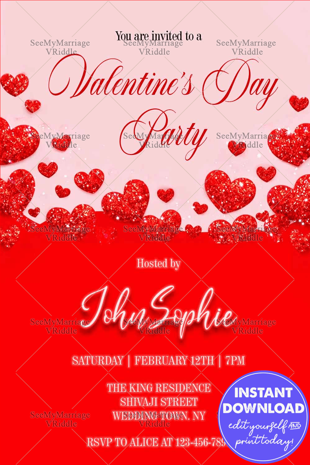 Sparkling Red Hearts Valentine’s Day Party Invitation with Romantic Script & Glitter Accents