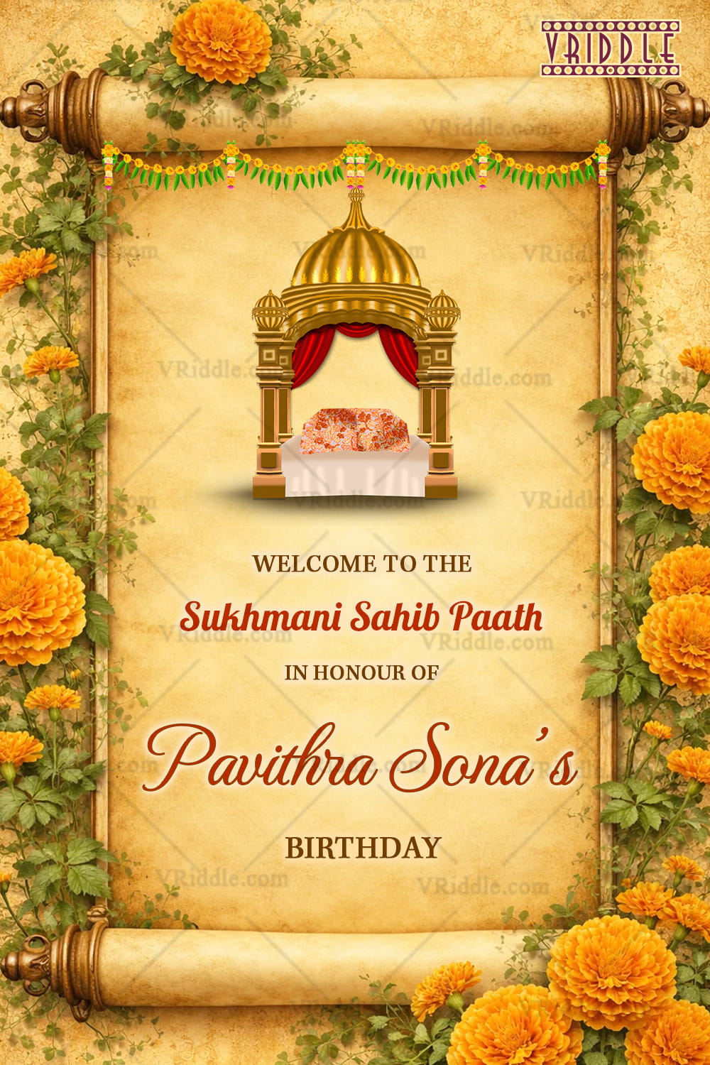 Sukhmani Sahib Path Banner with Sacred Canopy, Floral Scroll Frame, Marigold Garland Decor & Traditional Sikh Ceremony Theme