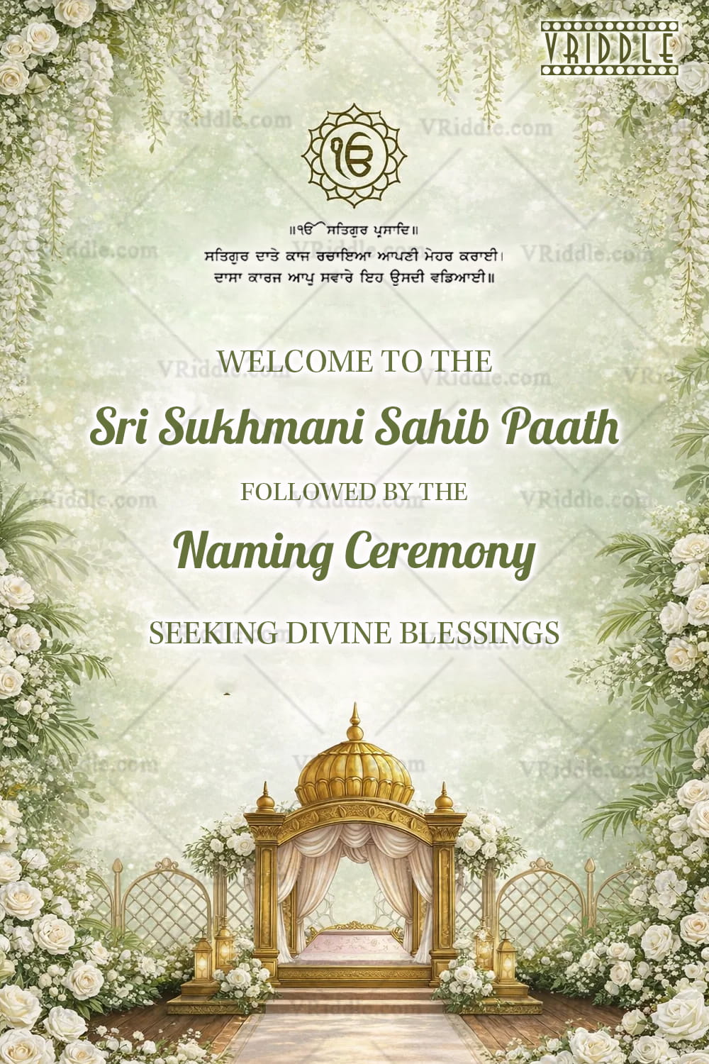 Serene Sri Sukhmani Sahib Paath & Naming Ceremony Banner with Golden Canopy, White Floral Frames, Ik Onkar Emblem and Soft Pastel Shade