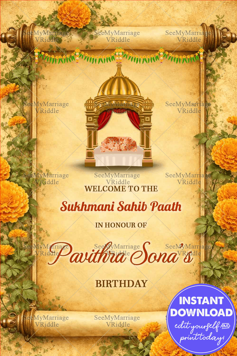 Sukhmani Sahib Path Banner with Sacred Canopy, Floral Scroll Frame, Marigold Garland Decor & Traditional Sikh Ceremony Theme