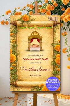 Sukhmani Sahib Path Banner with Sacred Canopy, Floral Scroll Frame, Marigold Garland Decor & Traditional Sikh Ceremony Theme