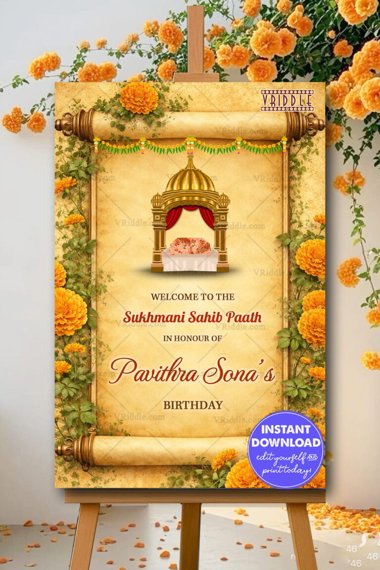 Sukhmani Sahib Path Banner with Sacred Canopy, Floral Scroll Frame, Marigold Garland Decor & Traditional Sikh Ceremony Theme