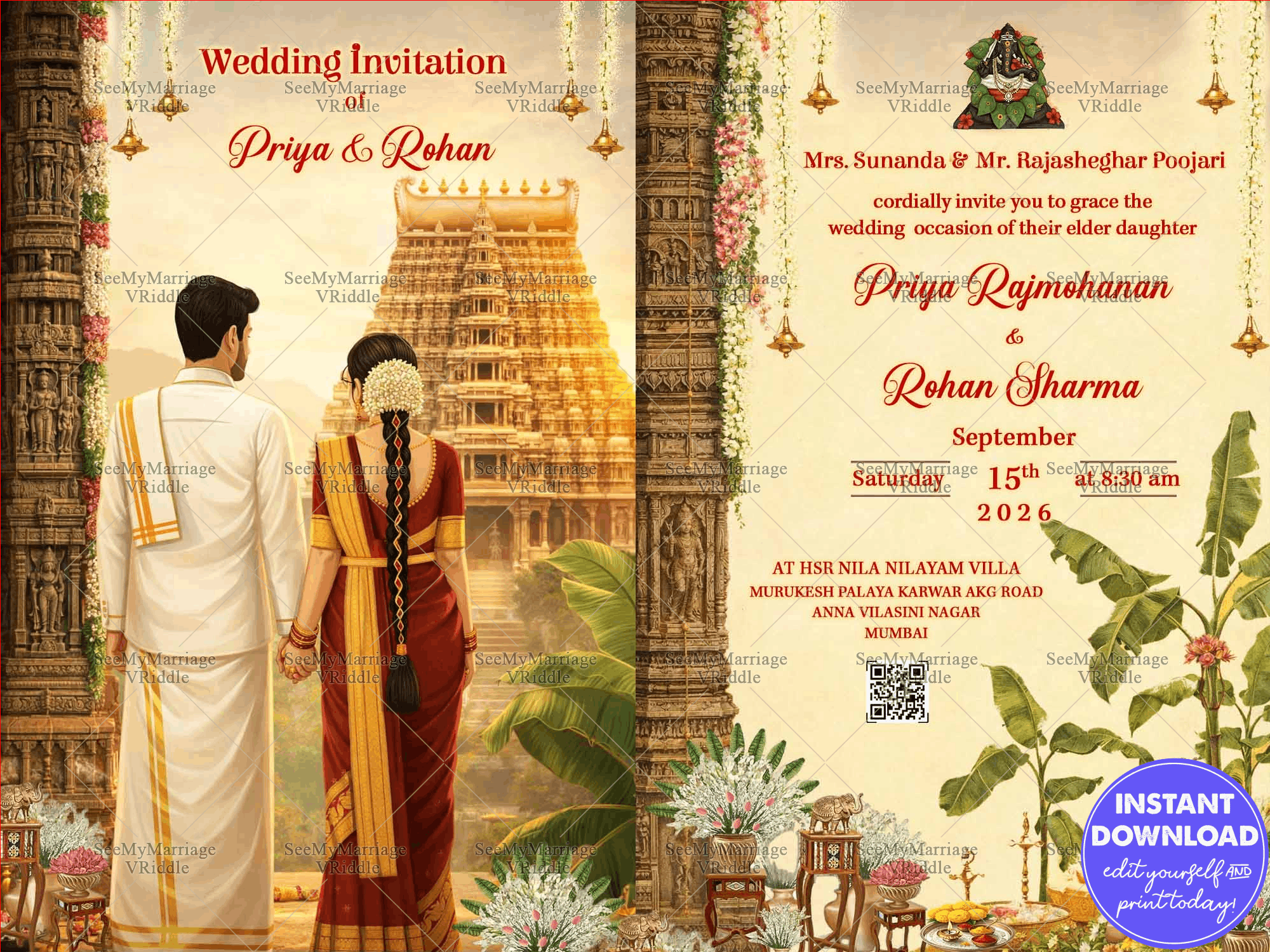 South Indian Wedding Invitation with Majestic Gopuram Backdrop, Traditional Bridal Attire & Ornate Floral Mandap Accents