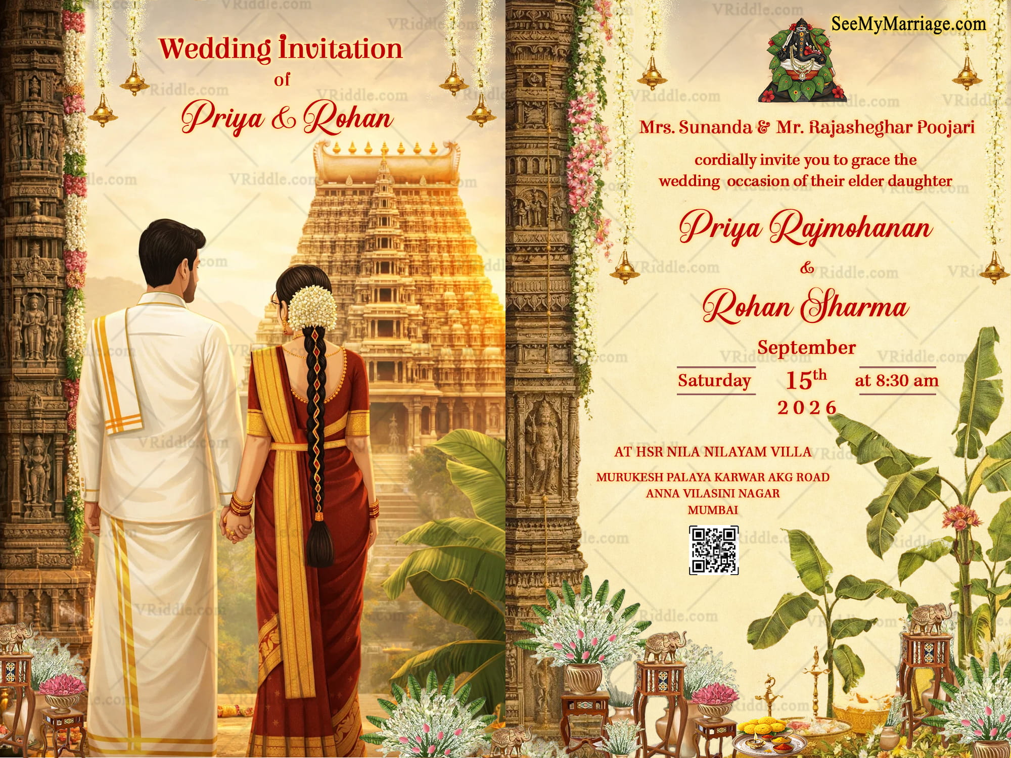South Indian Wedding Invitation with Majestic Gopuram Backdrop, Traditional Bridal Attire & Ornate Floral Mandap Accents