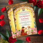 Telugu and English Wedding Invitation with Ornate Arch Frame, Lord Ganesha Motif, Peacock Accents & Floral Lotus Decor