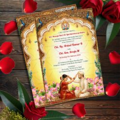 Telugu and English Wedding Invitation with Ornate Arch Frame, Lord Ganesha Motif, Peacock Accents & Floral Lotus Decor
