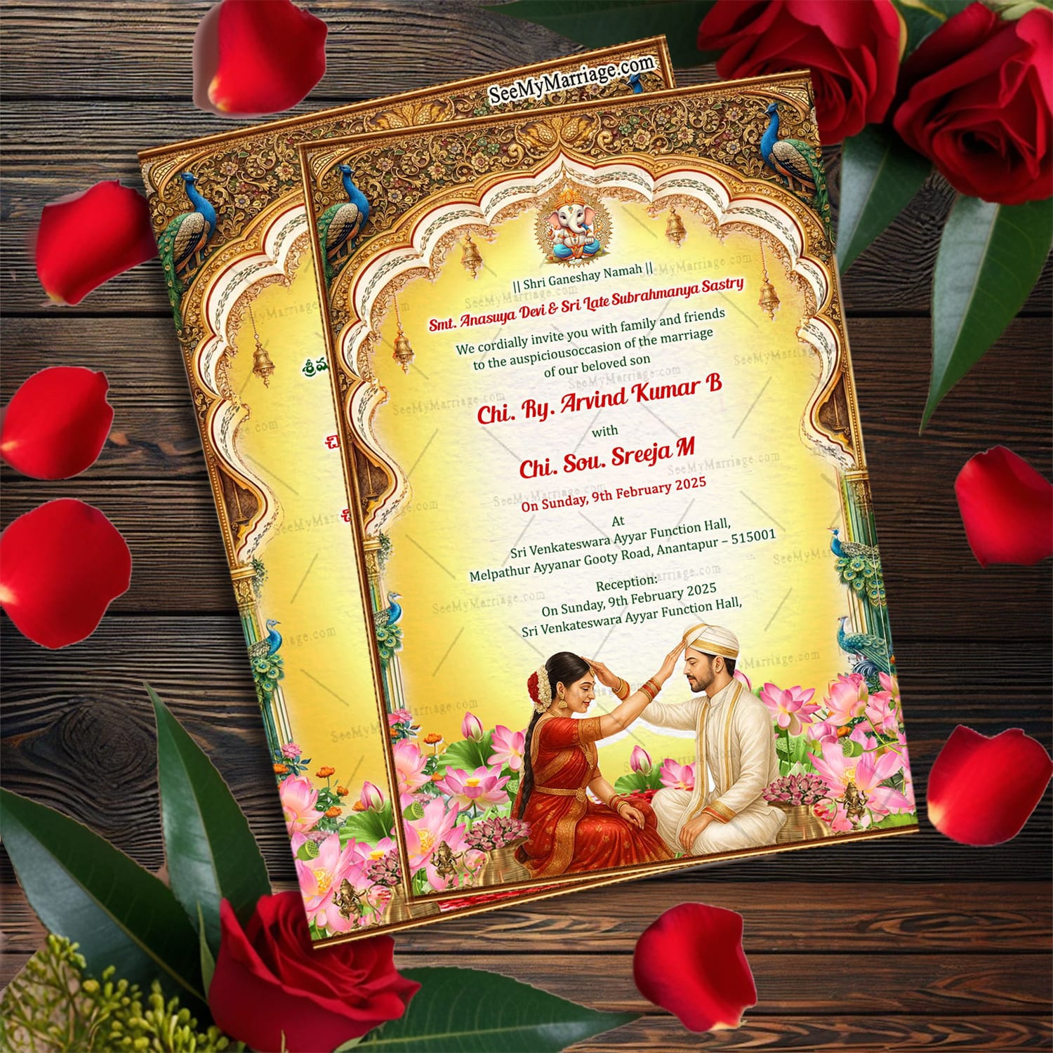 Telugu and English Wedding Invitation with Ornate Arch Frame, Lord Ganesha Motif, Peacock Accents & Floral Lotus Decor