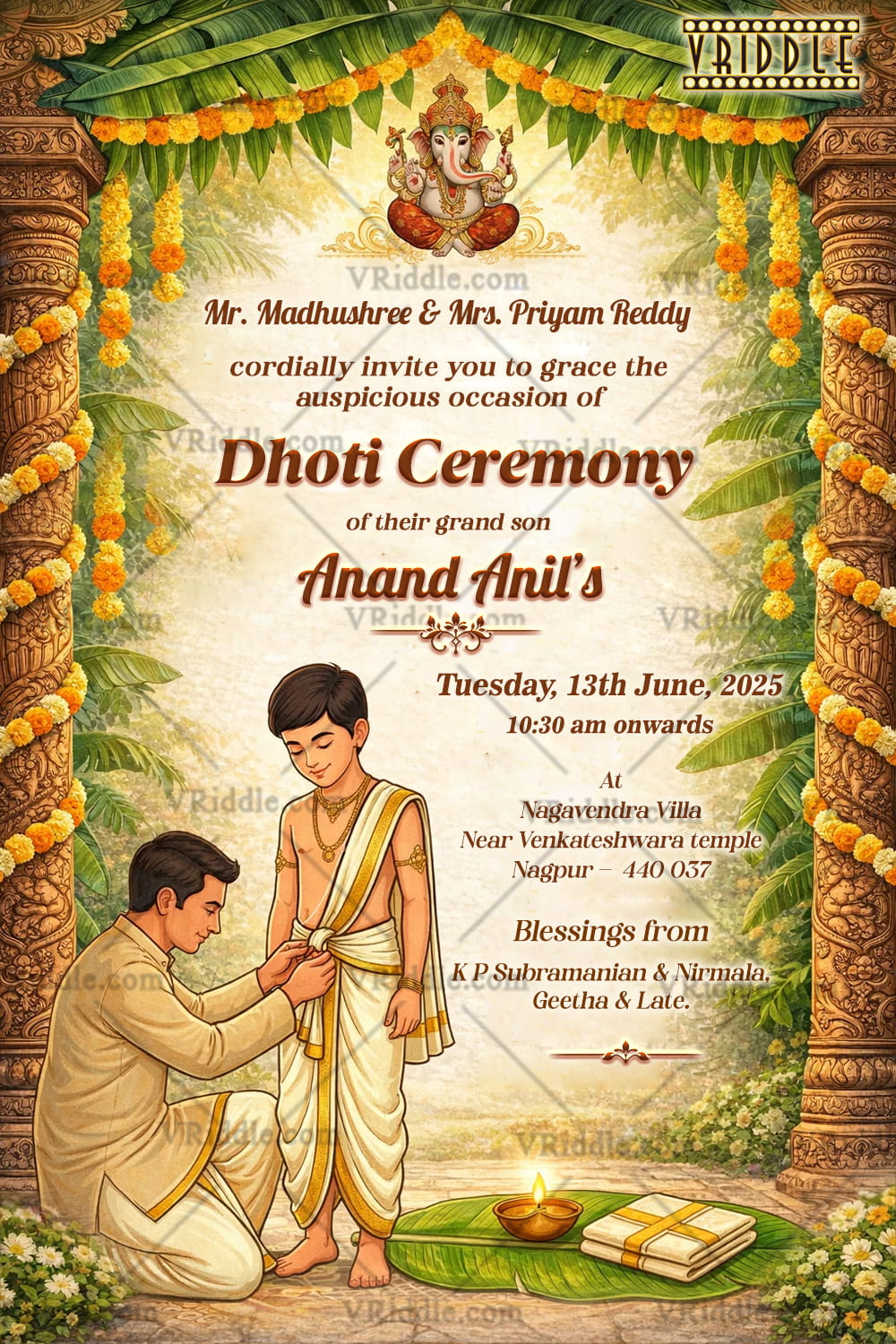 Traditional Dhoti Ceremony Invitation with Banana Leaf Toran, Lord Ganesha Blessings & Vedic Ritual Illustration