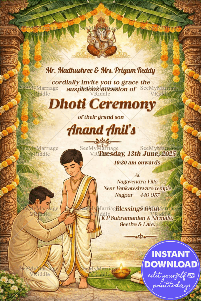 Traditional Dhoti Ceremony Invitation with Banana Leaf Toran, Lord Ganesha Blessings & Vedic Ritual Illustration