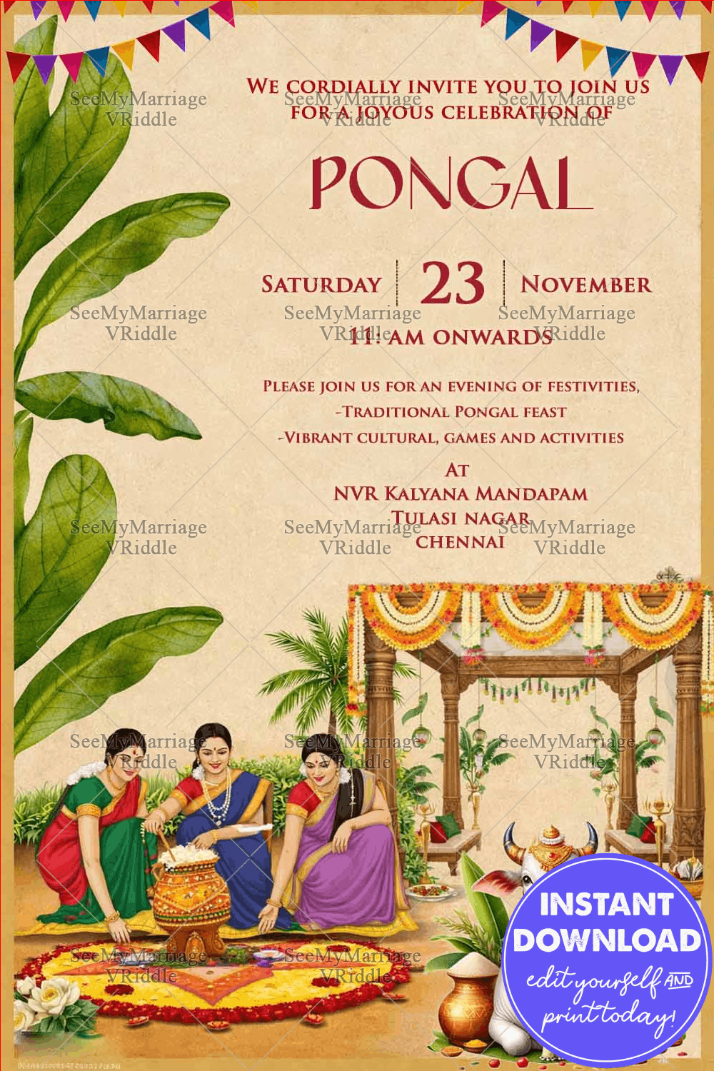 Traditional Pongal Invitation with Banana Leaf Borders, Boiling Pongal Pot Ritual, Sacred Cow Motif & Cultural Courtyard Scene