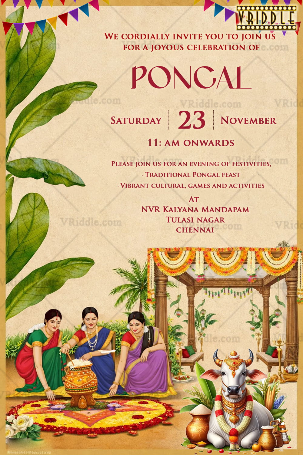 Traditional Pongal Invitation with Banana Leaf Borders, Boiling Pongal Pot Ritual, Sacred Cow Motif & Cultural Courtyard Scene