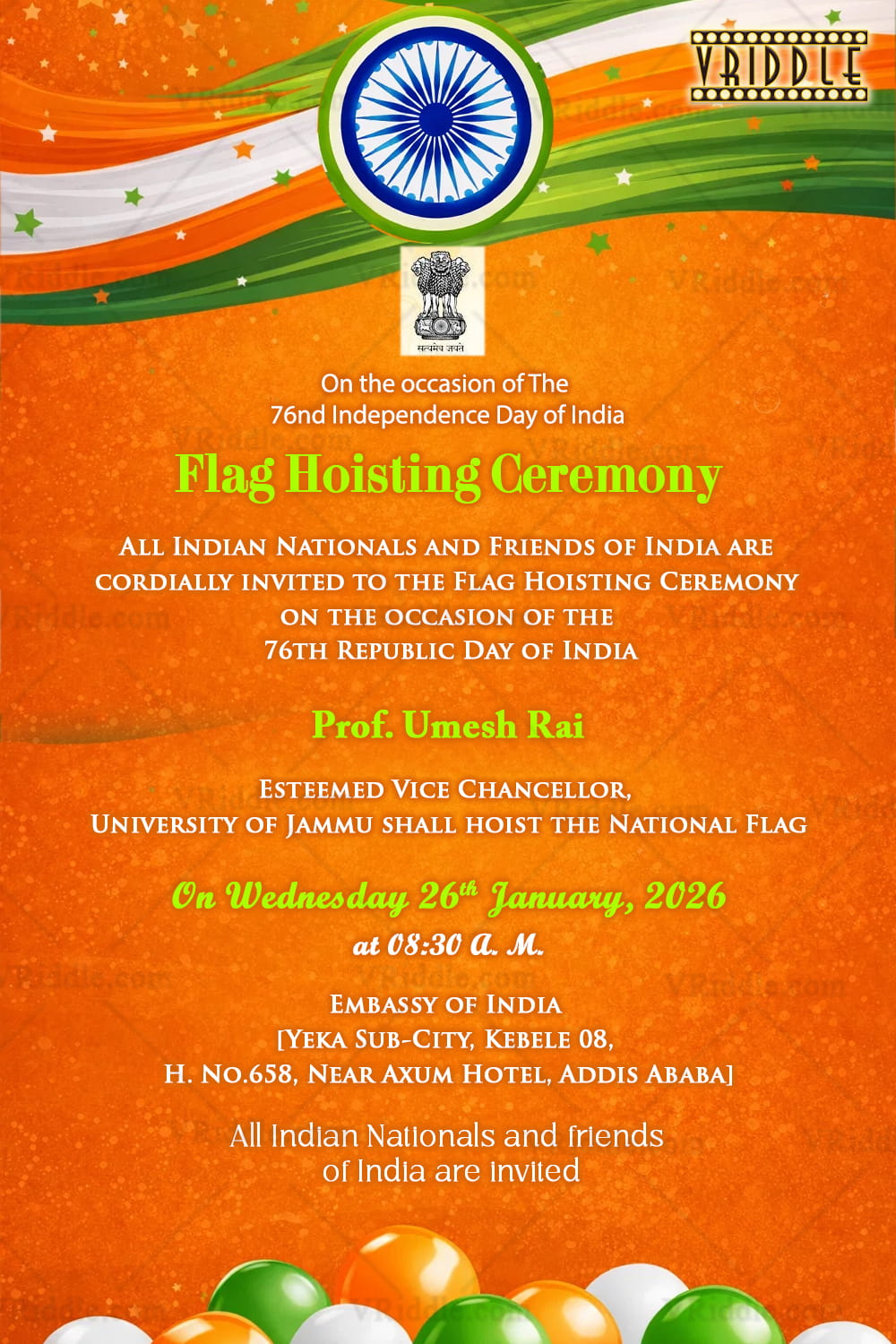 Tricolour Flag Hoisting Ceremony Invitation with Ashoka Chakra, National Emblem & Festive Star Accents