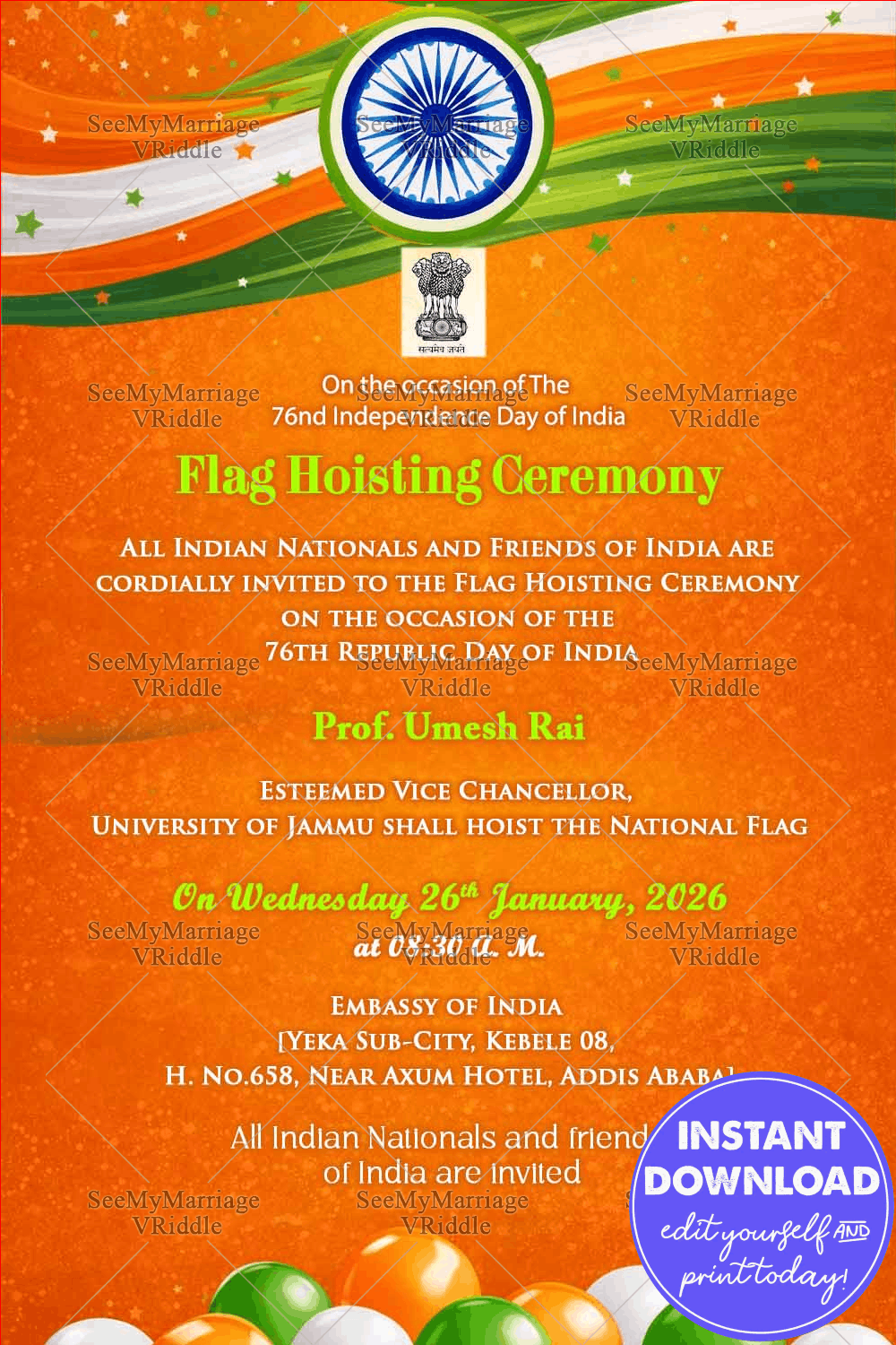 Tricolour Flag Hoisting Ceremony Invitation with Ashoka Chakra, National Emblem & Festive Star Accents