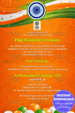 Tricolour Flag Hoisting Ceremony Invitation with Ashoka Chakra, National Emblem & Festive Star Accents