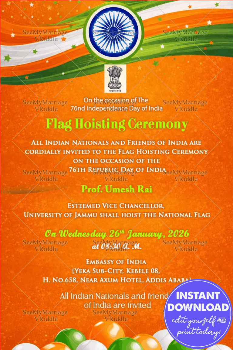Tricolour Flag Hoisting Ceremony Invitation with Ashoka Chakra, National Emblem & Festive Star Accents