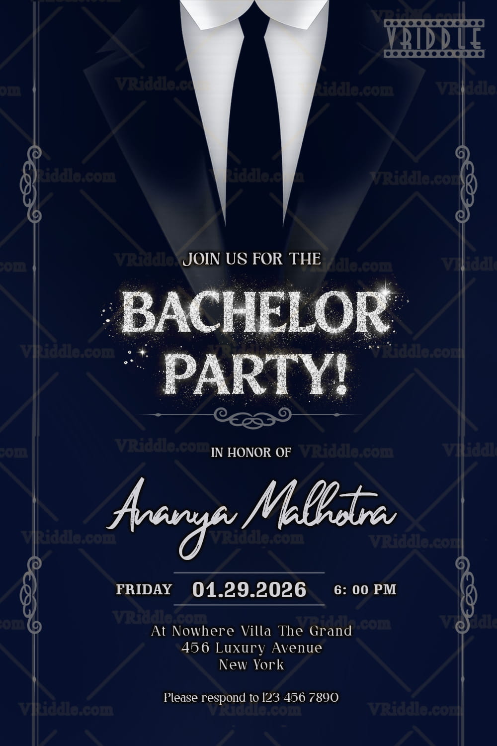 Tuxedo Silhouette Bachelor Party Invitation with Blue Classic, Glitter Typography & Elegant Frame