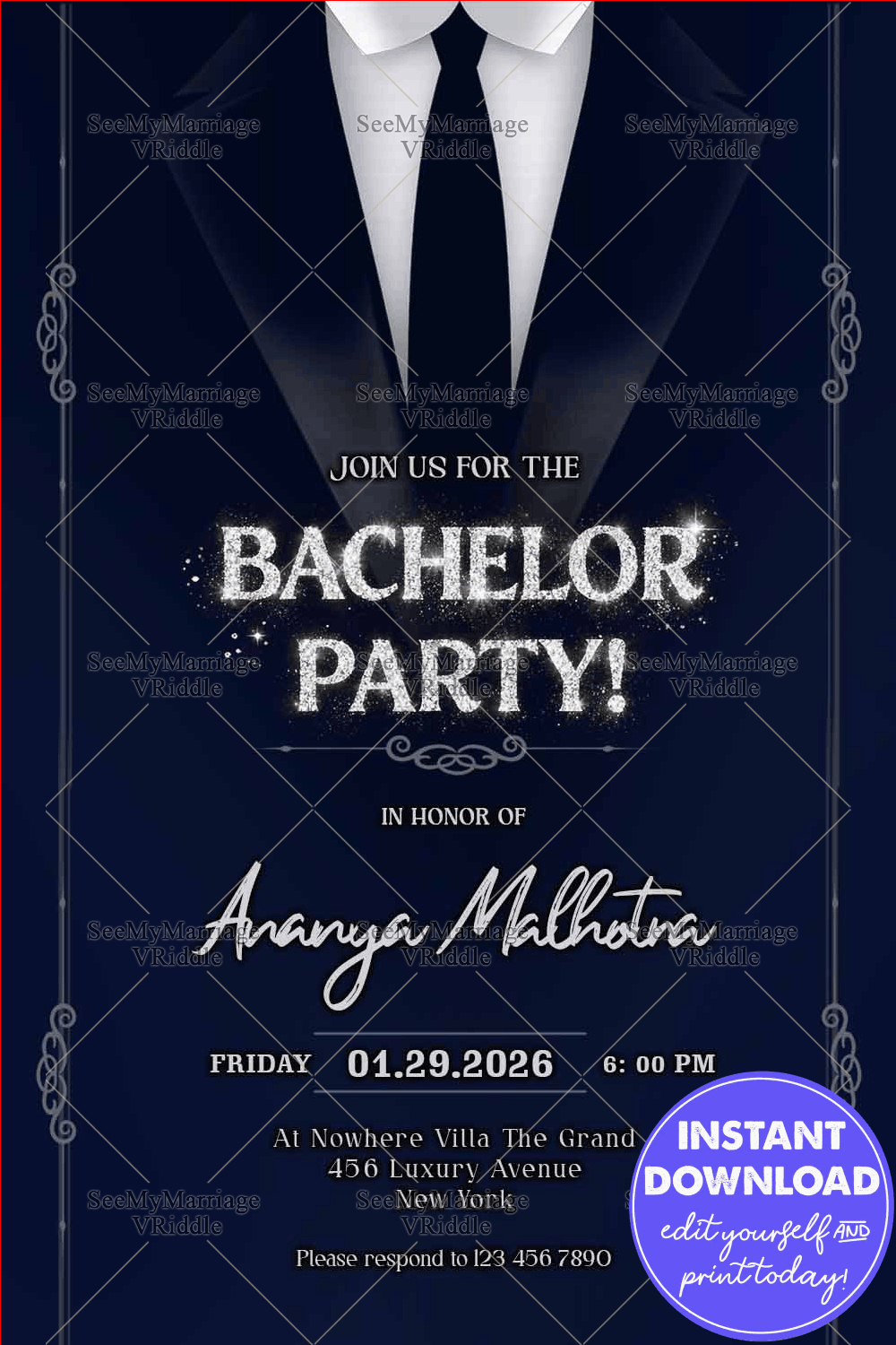Tuxedo Silhouette Bachelor Party Invitation with Blue Classic, Glitter Typography & Elegant Frame