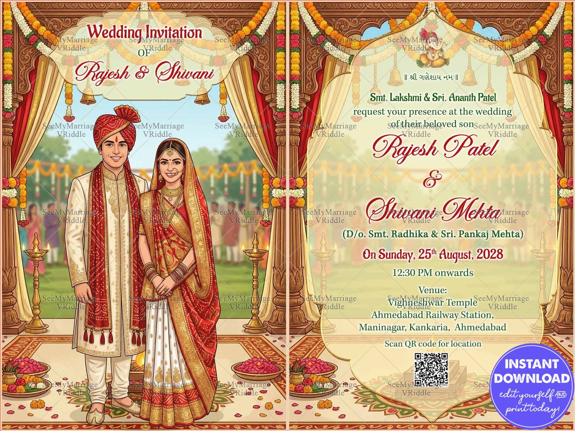 Two Leaf Gujarati Wedding Invitation Card with Royal Indian Bride–Groom Illustration in Rich Red and Gold Attire