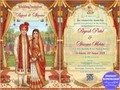 Two Leaf Gujarati Wedding Invitation Card with Royal Indian Bride–Groom Illustration in Rich Red and Gold Attire