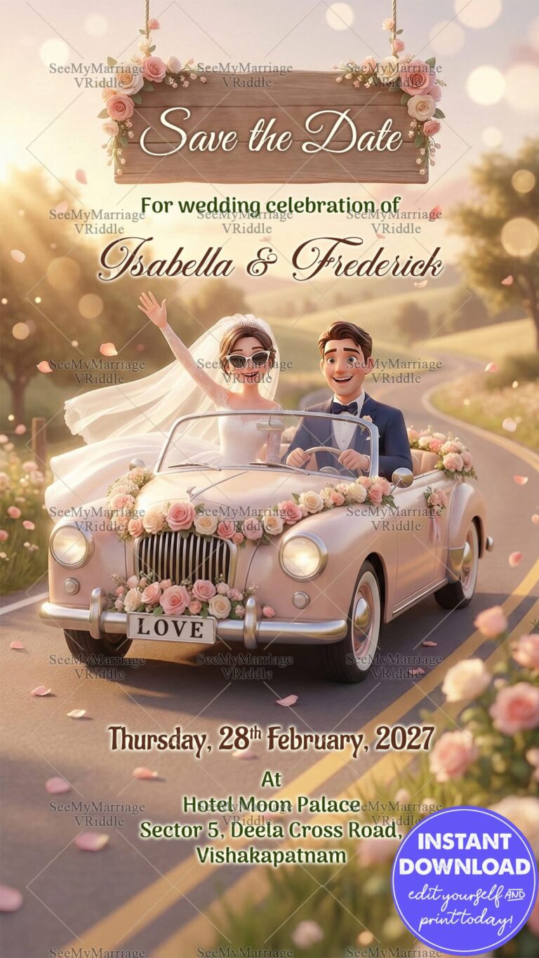 Whimsical Save the Date Wedding Card with Joyful Cartoon Couple in a Vintage Convertible Car and Blush Rose Floral Decorations