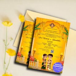 Yellow Cartoon Wedding Invitation with Marigold Garlands, South Indian Temple Arch & Brass Lamps