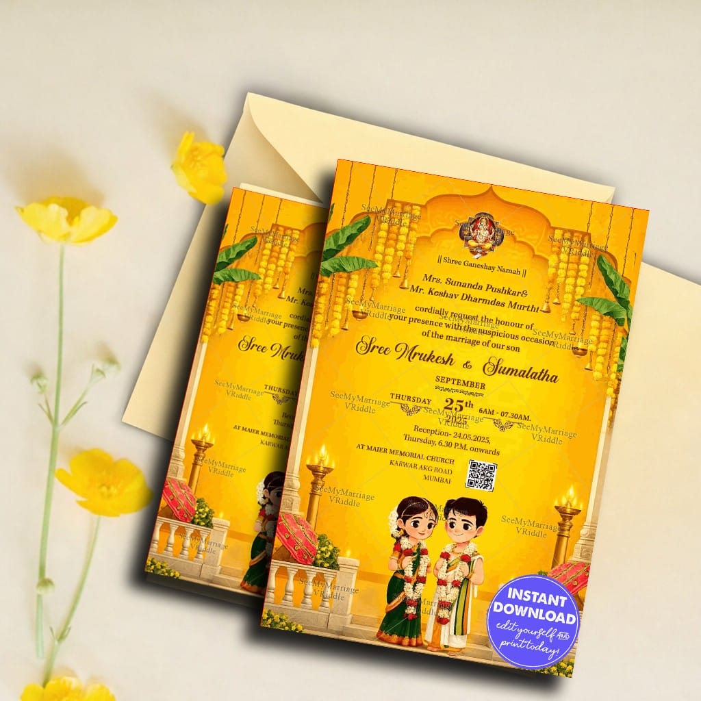 Yellow Cartoon Wedding Invitation with Marigold Garlands, South Indian Temple Arch & Brass Lamps