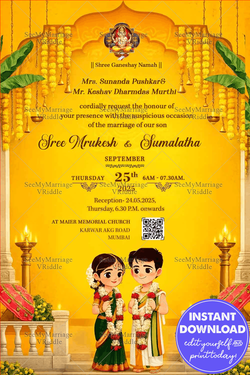 Yellow Cartoon Wedding Invitation with Marigold Garlands, South Indian Temple Arch & Brass Lamps