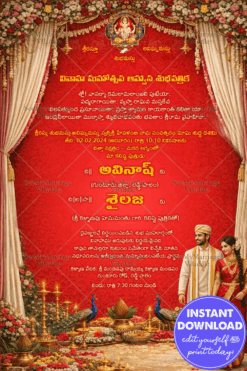 Telugu Wedding Invitation with Traditional Bride & Groom Illustration, Sacred Floral Mandap, Peacock Motifs and Classic Temple-Inspired Aesthetic