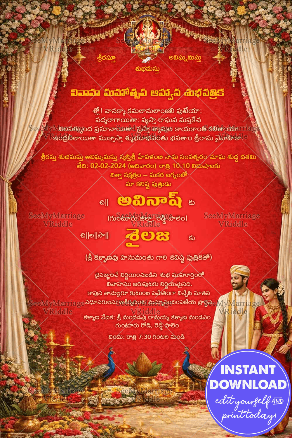 Telugu Wedding Invitation with Traditional Bride & Groom Illustration, Sacred Floral Mandap, Peacock Motifs and Classic Temple-Inspired Aesthetic