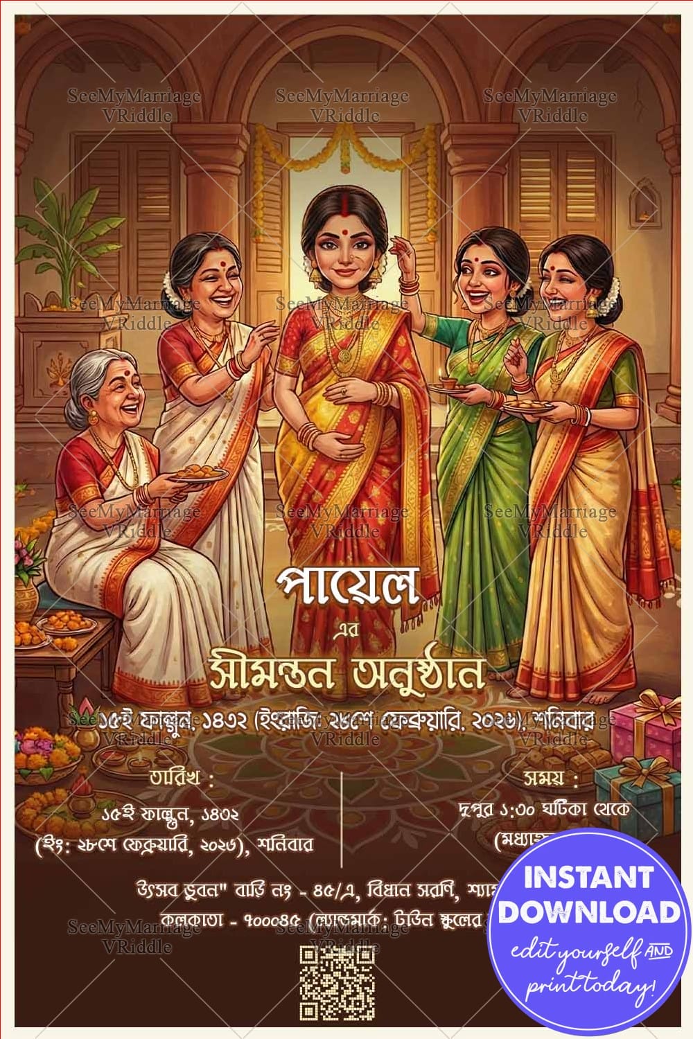 Bengali Shaad Invitation Showcasing a Radiant Mom-to-Be Surrounded by Loving Family, Ritual Blessings