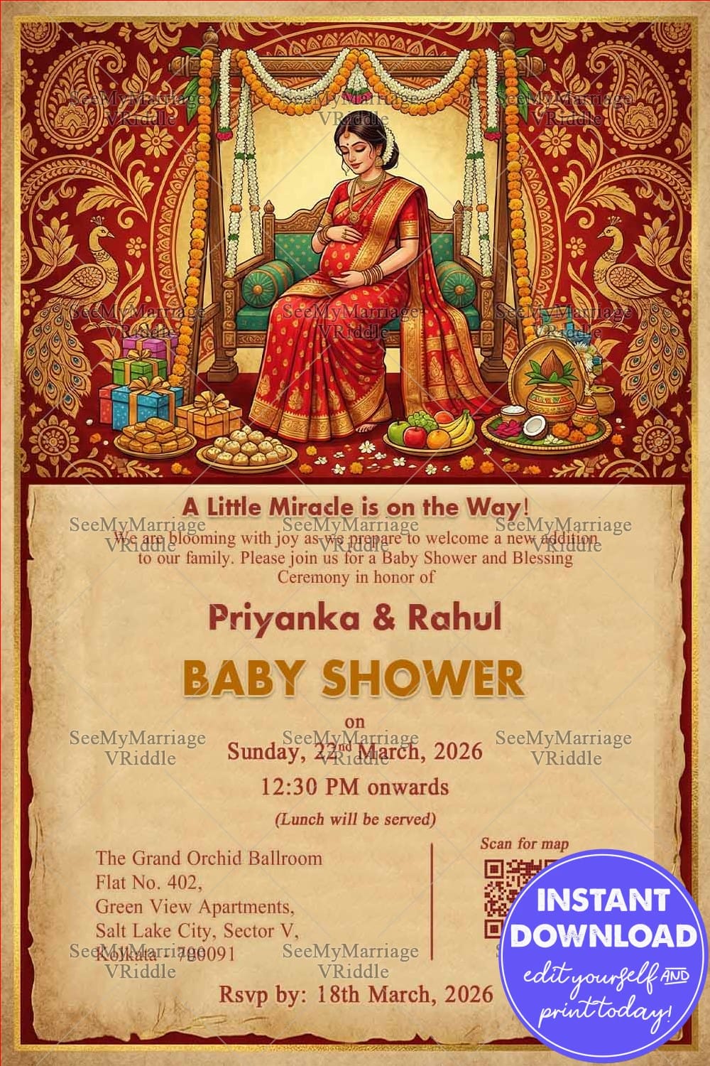 Royal Red Bengali Shad Invitation with Graceful Mom-to-Be on Ornate Swing, Peacock Motifs and Marigold Garlands