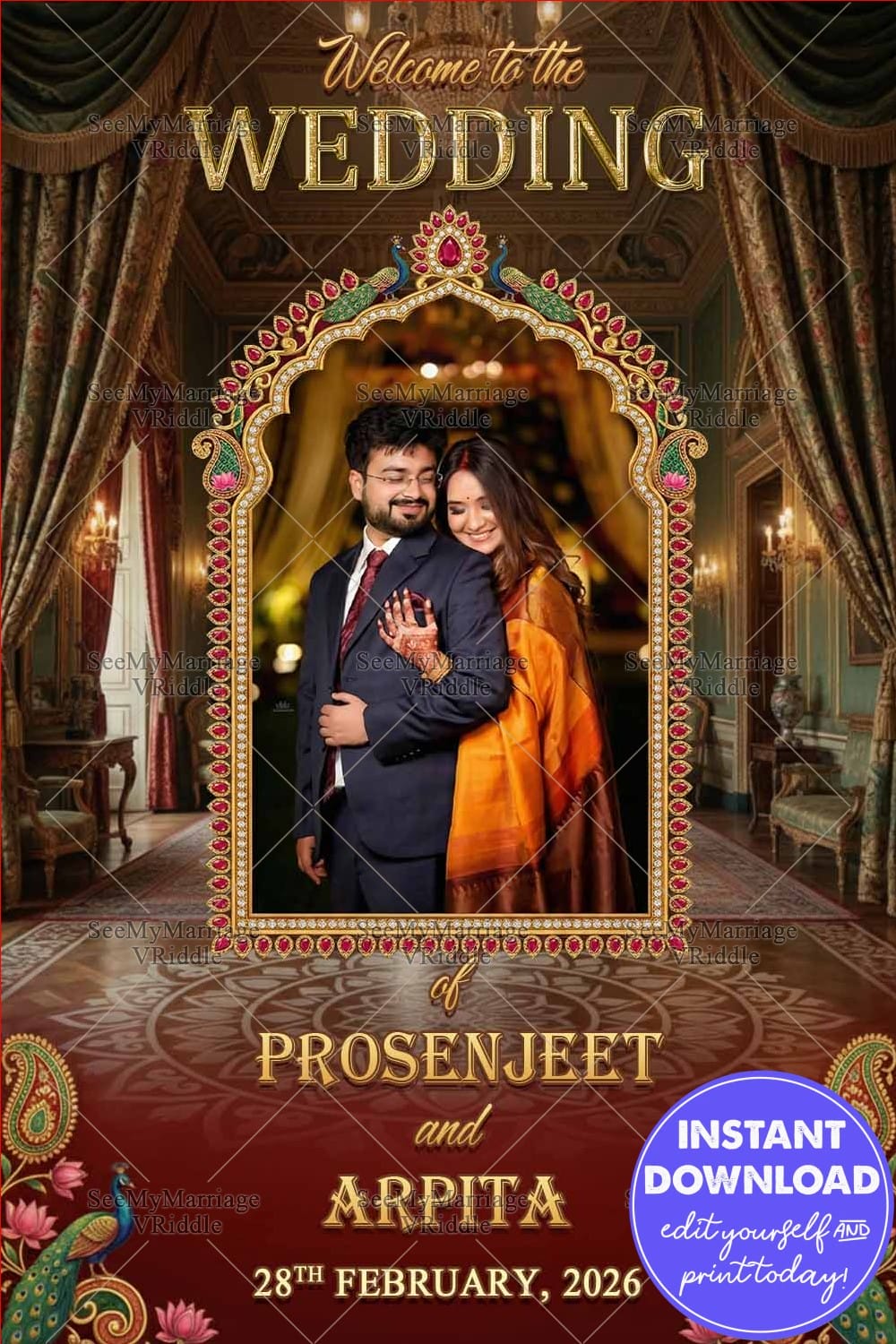 Palace Wedding Welcome Banner with Add Photo, Showcasing an Ornate Jewel-Studded Arch, Peacock Motifs and Luxurious Drapes