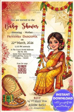 Swing BG Bengali Shad Invitation Card with Smiling Mom-to-Be, Marigold Garlands, Mandala Accents