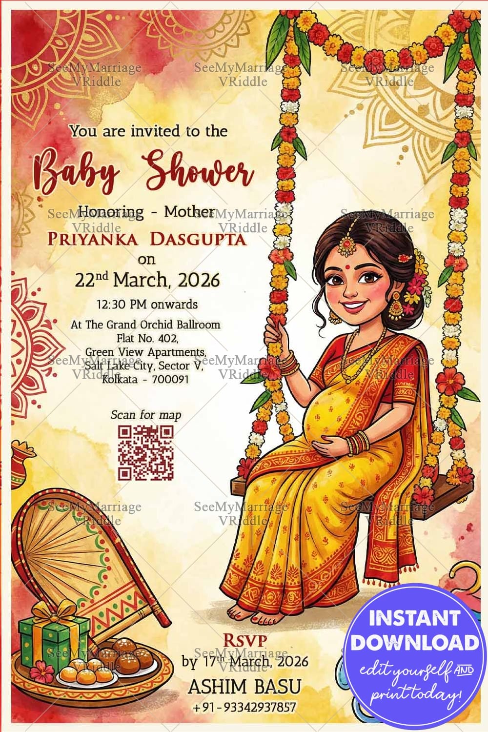 Swing BG Bengali Shad Invitation Card with Smiling Mom-to-Be, Marigold Garlands, Mandala Accents