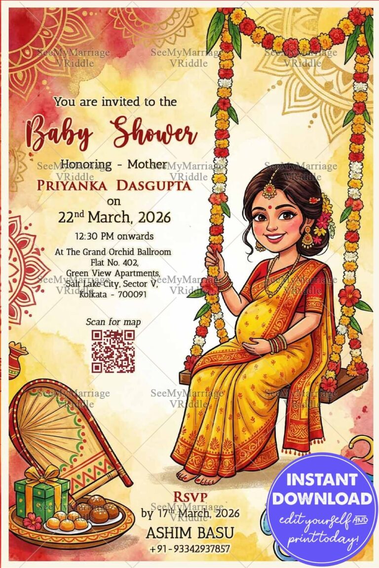 Swing BG Bengali Shad Invitation Card with Smiling Mom-to-Be, Marigold Garlands, Mandala Accents