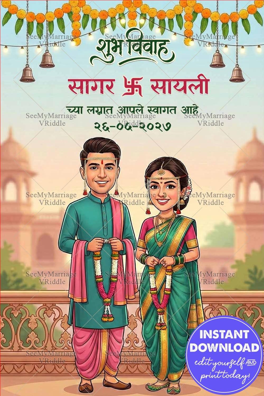 Marathi Wedding Sign Board with a Smiling Couple in Classic Maharashtrian Attire, Floral Toran and Hanging Bells