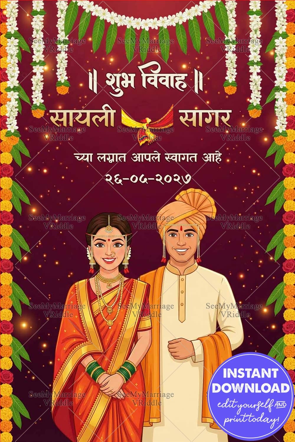 Maharashtrian Marathi Wedding Sign Board with Caricature Couple, Floral Toran Borders and Festive Maroon Elegance