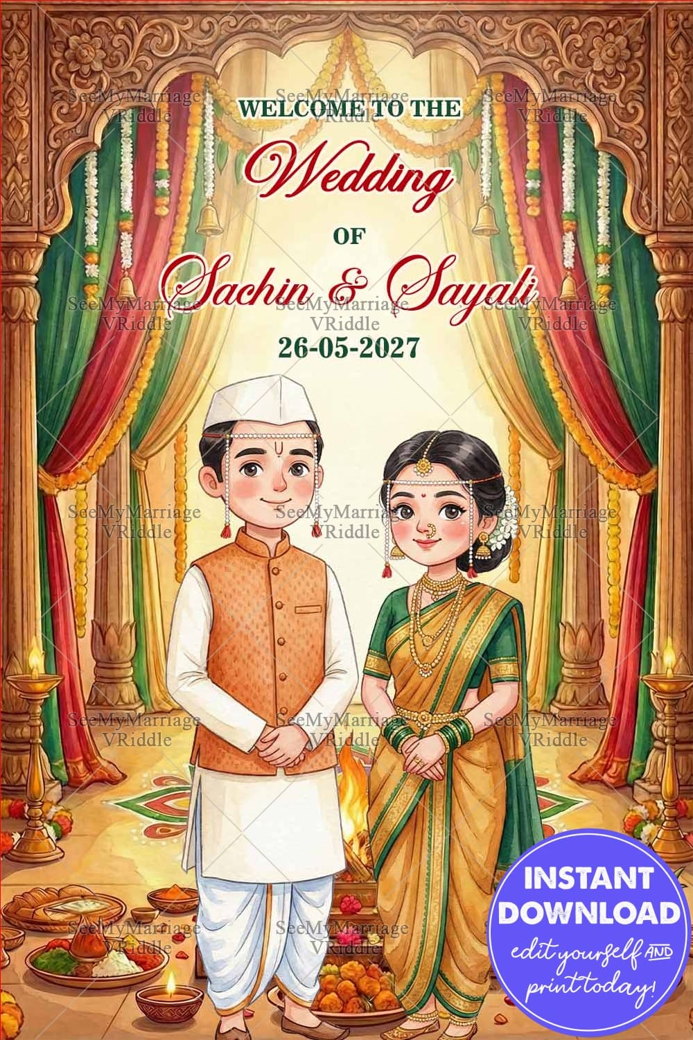 Maharashtrian Couple Wedding Sign Board with Ornate Wooden Arch, Colorful Drapes and Sacred Fire Ritual