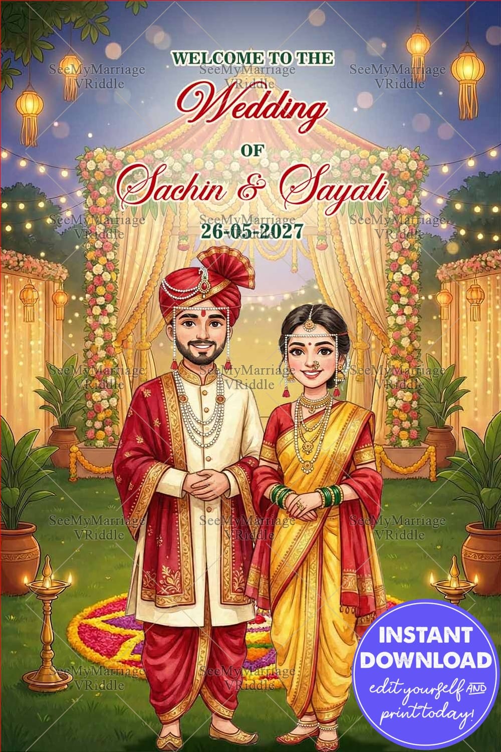 Marathi Couple Wedding Sign Board with Floral Mandap, Glowing Lantern Lights, Colorful Rangoli and a Dreamy Evening Garden Ambience