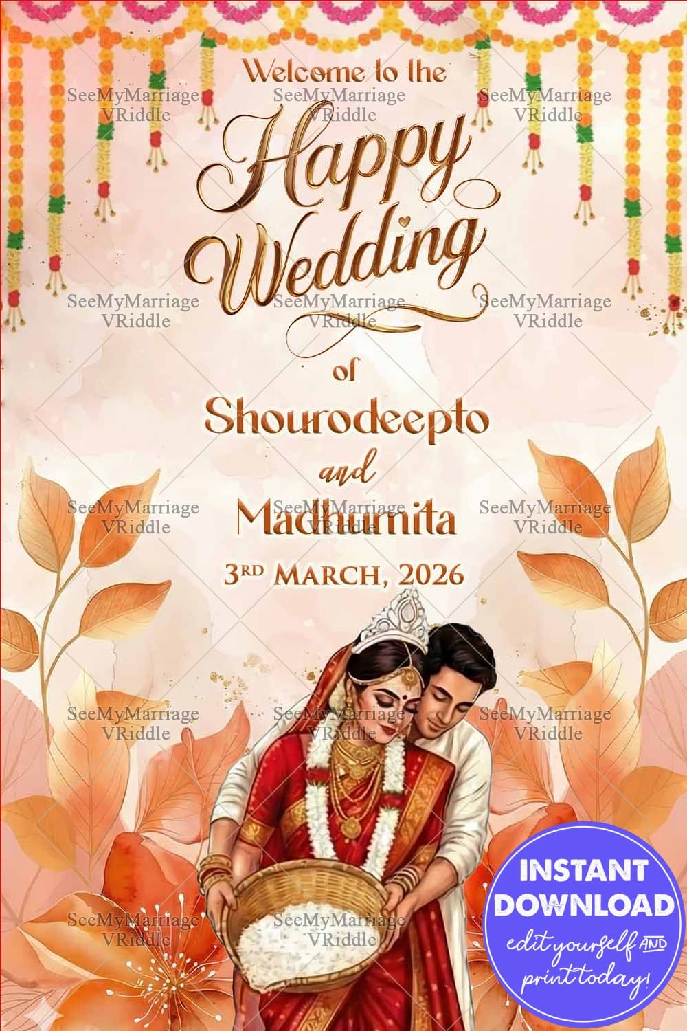 Autumn Floral Bengali Wedding Welcome Banner with Traditional Ritual Illustration of the Bride and Groom