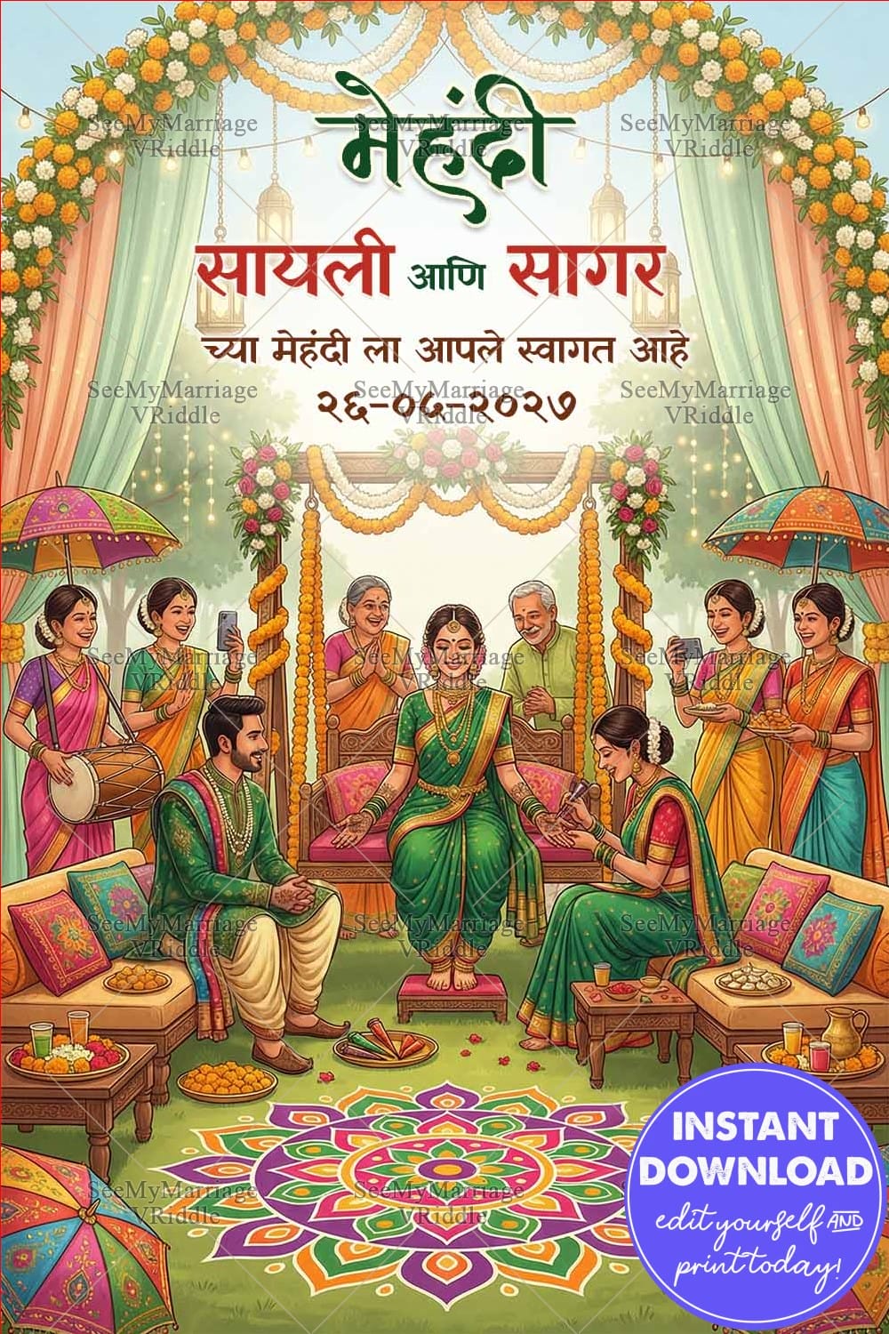Family Marathi Mehndi Welcome Banner with Floral Toran Arch, Traditional Lanterns, Colorful Rangoli and Live Dhol Music