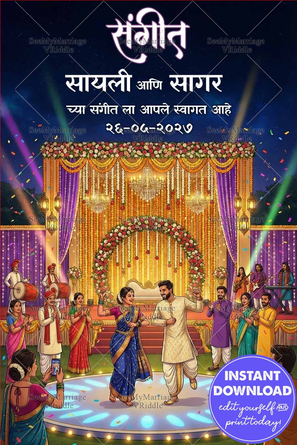 Vibrant Marathi Sangeet Night Welcome Banner with Grand Floral Stage, Live Band Performances and Joyful Couple Dance Celebration