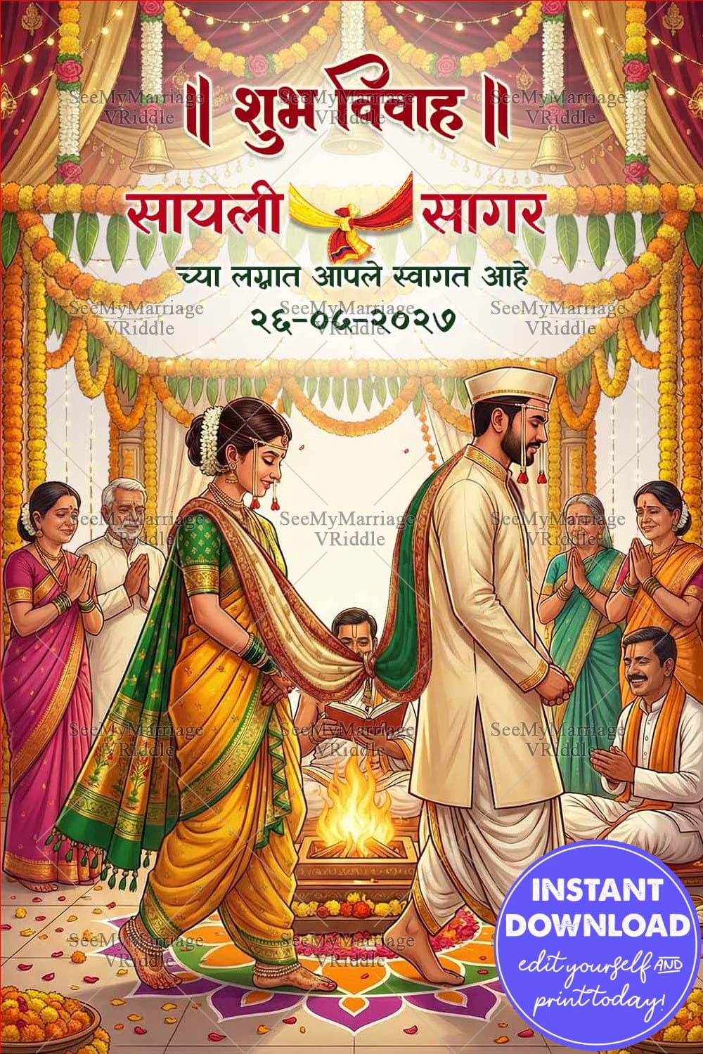 Classic Marathi Wedding Welcome Banner with Showcasing Phere Around the Sacred Fire, Festive Mandap Decor and Family Blessings